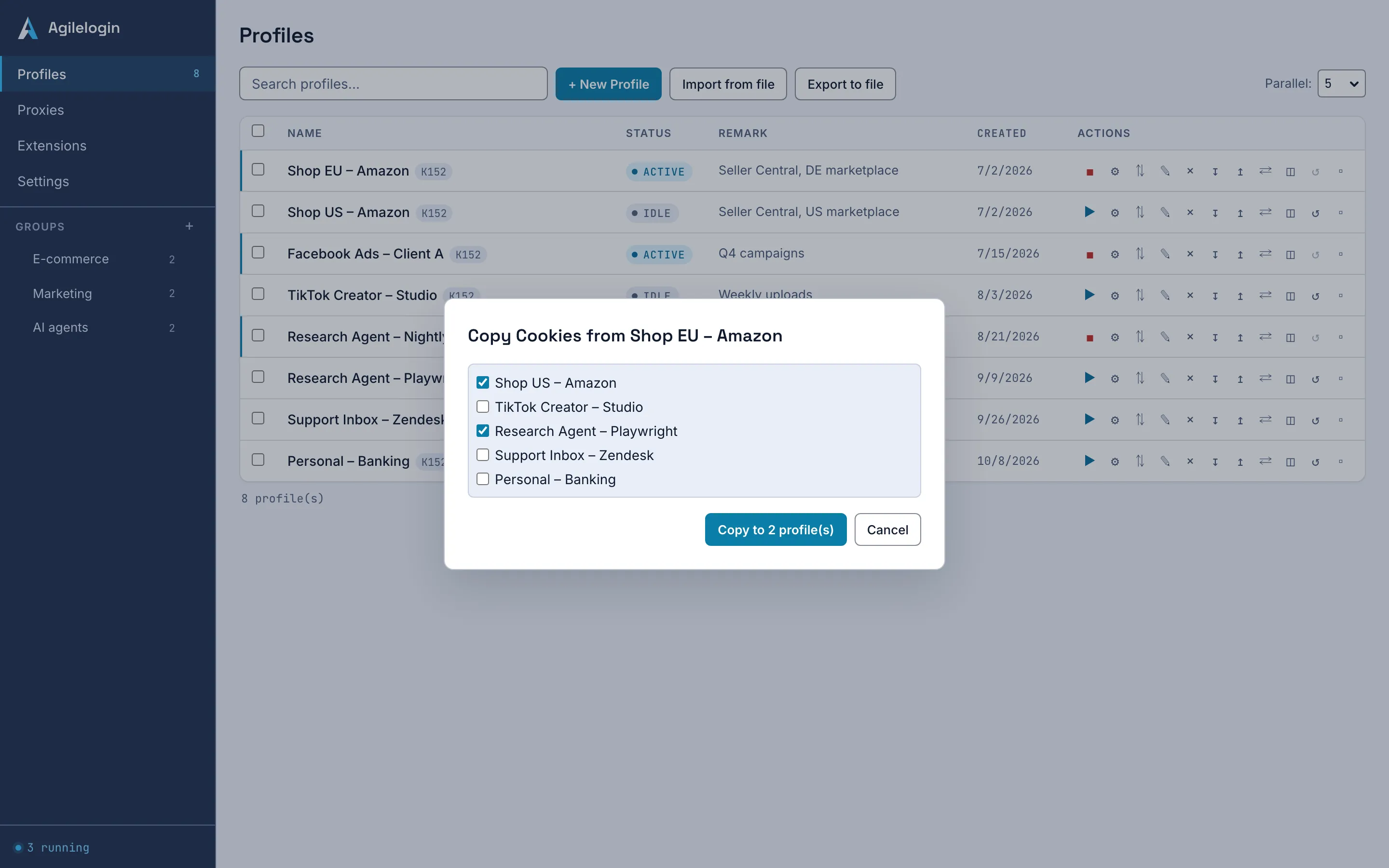 Copy Cookies dialog listing the other Profiles as targets, above the profile list with its import, export and view actions.