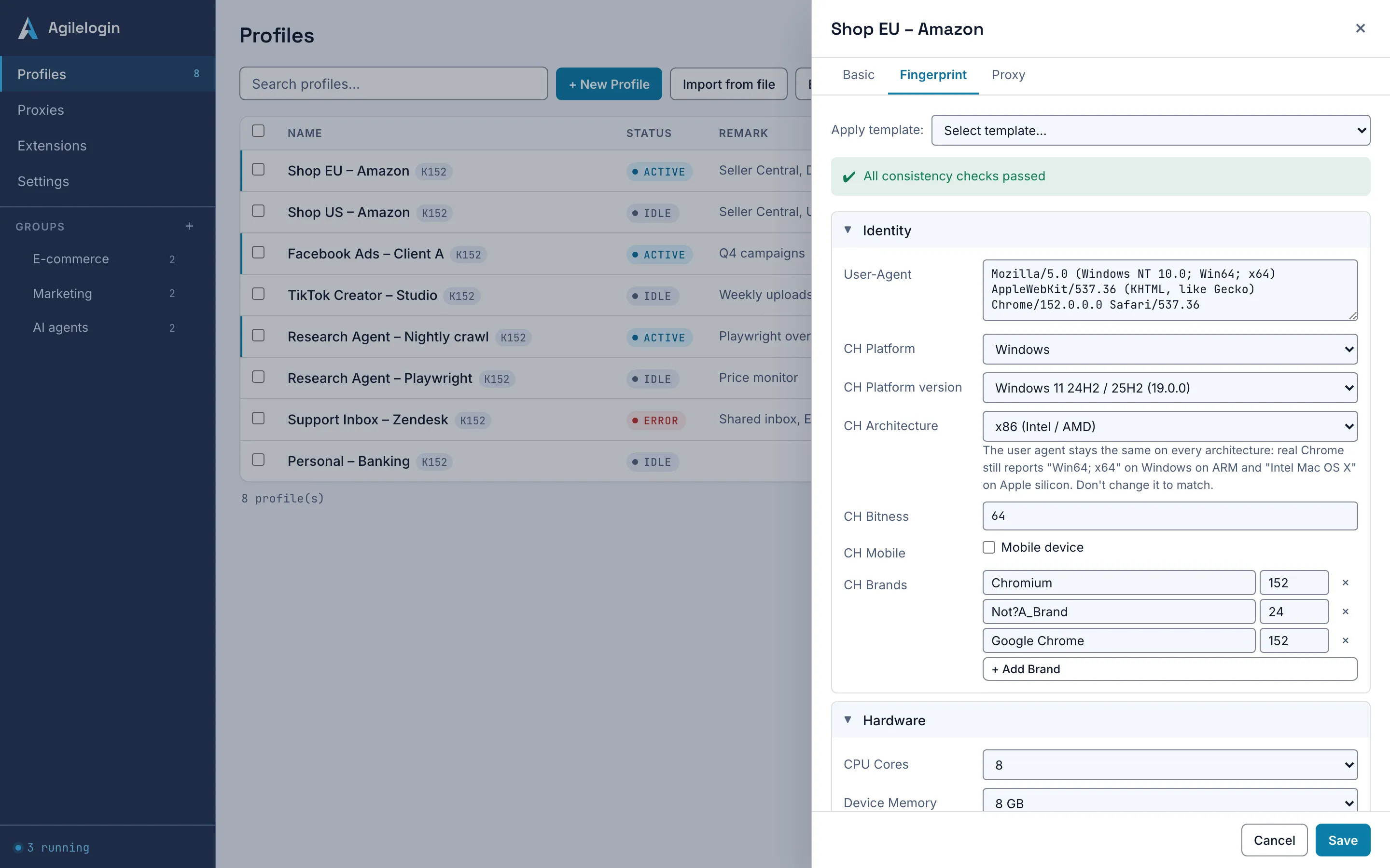 Fingerprint editor open on a Profile: the consistency-check banner above the collapsible fingerprint sections.