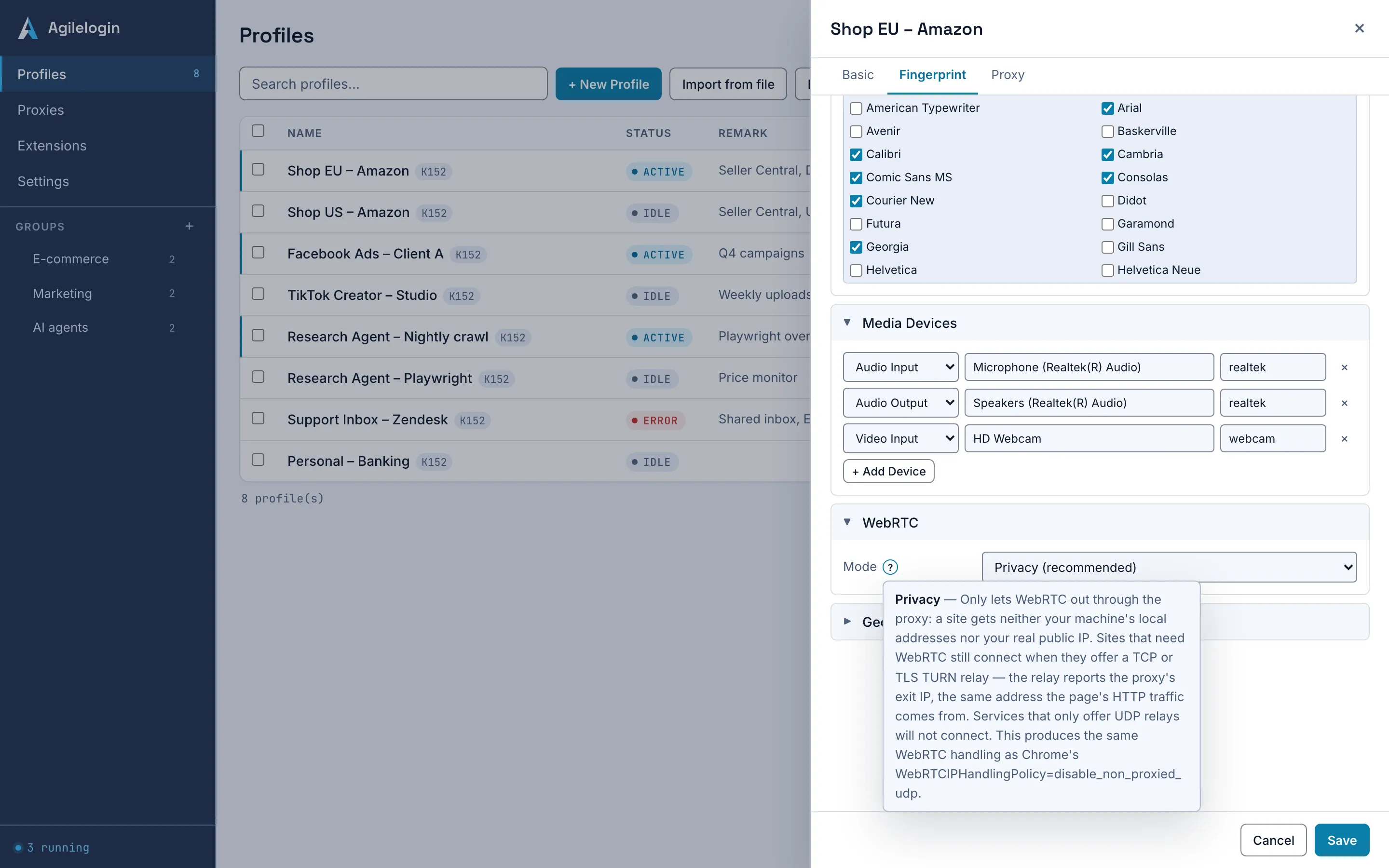 WebRTC section of the fingerprint editor with the mode selector on Privacy and a help bubble explaining the mode.